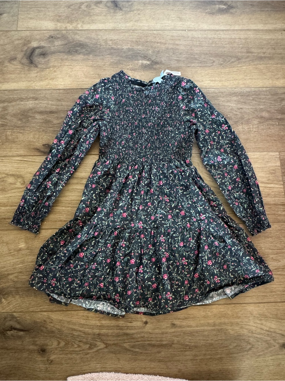 Hill House Girls' Long-Sleeve Black Floral Smocked Dress